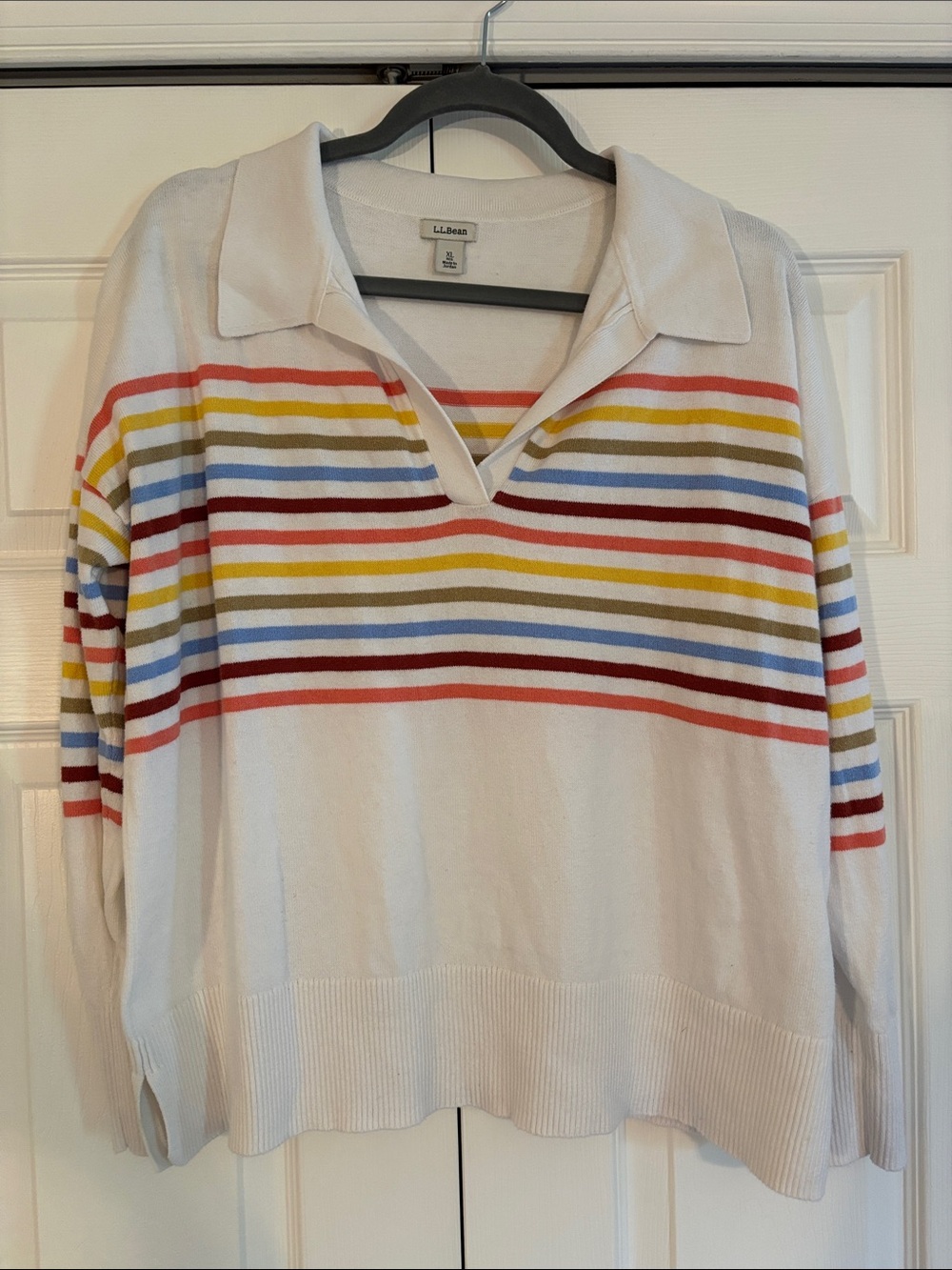 L.L. Bean White Polo Sweater with Rainbow Stripes